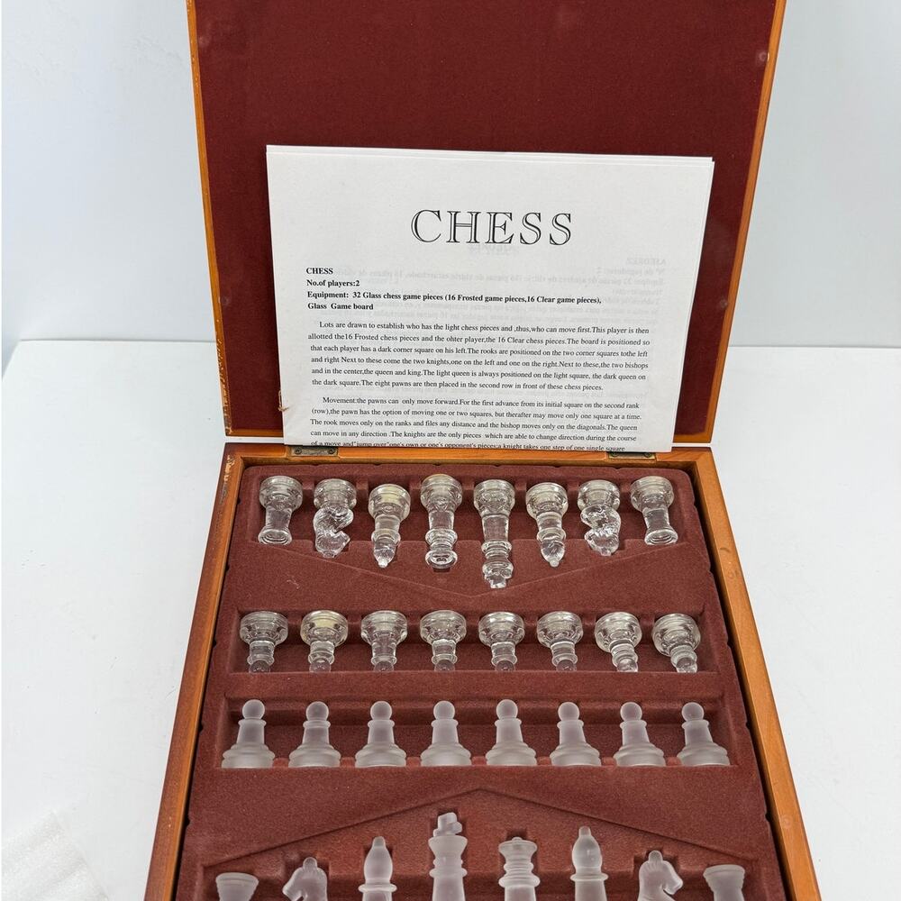 Glass Chess Set Frosted Clear Pieces Wood Display Case Board 10x10 New Gift